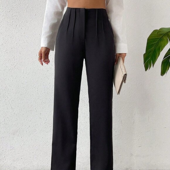 Black Preppy Womens Solid Fold Pleated Straight Leg Pants - Picture 4 of 5